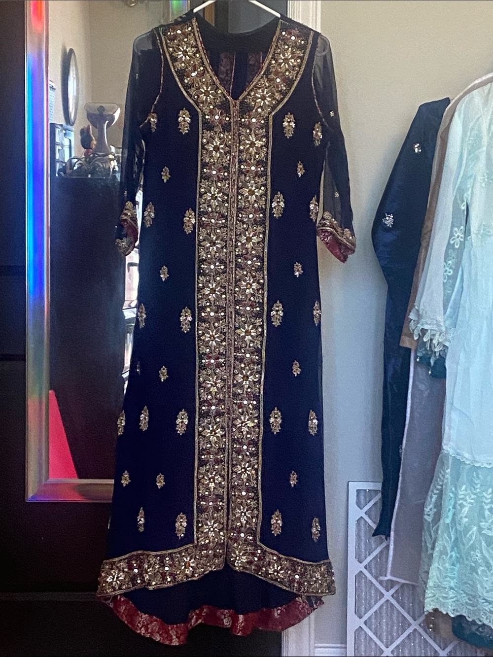 Women’s Navy Embellished Long Sleeve maxi anarkali hi-low  with Gold Detailing